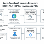 Dashboard displaying AI-driven invoice and purchase order processing using OCR and NLP in Monday.com
