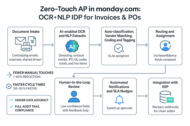 Dashboard displaying AI-driven invoice and purchase order processing using OCR and NLP in Monday.com