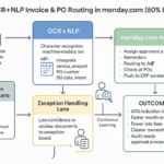Screenshot of Monday.com boards showing automated invoice and purchase order routing using OCR and NLP
