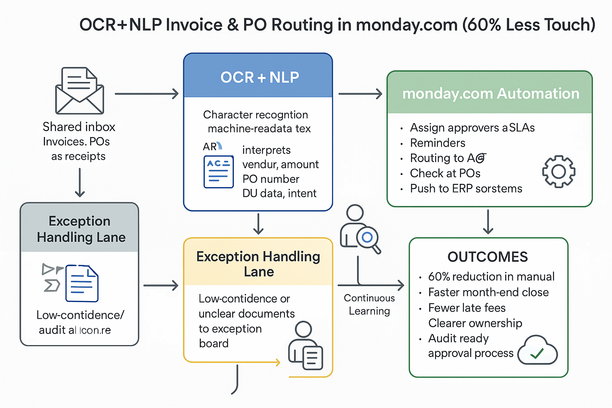 Screenshot of Monday.com boards showing automated invoice and purchase order routing using OCR and NLP