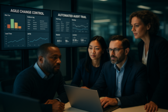 Diagram illustrating agile change control eliminating CABs with built-in audit-ready evidence and lightweight risk tiers