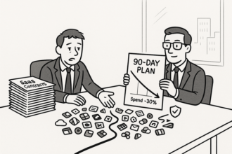 Dashboard displaying SaaS vendor consolidation progress and cost savings metrics in a 90-day plan