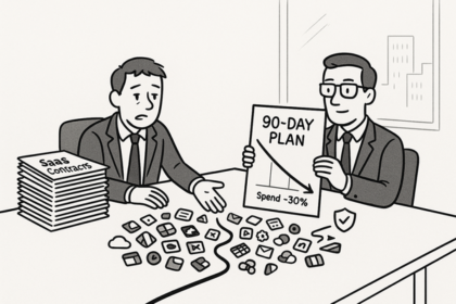 Dashboard displaying SaaS vendor consolidation progress and cost savings metrics in a 90-day plan