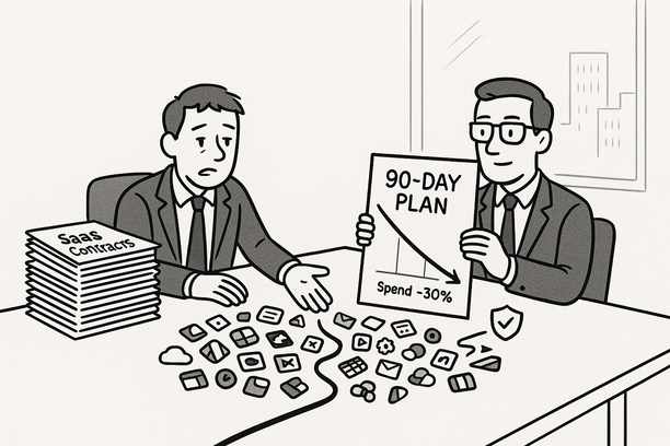 Dashboard displaying SaaS vendor consolidation progress and cost savings metrics in a 90-day plan