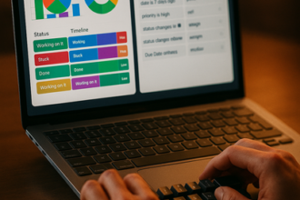 Diagram illustrating micro-automation tactics using keyboard hotkeys, macros, snippets, and Monday.com dashboards to track ROI and save time