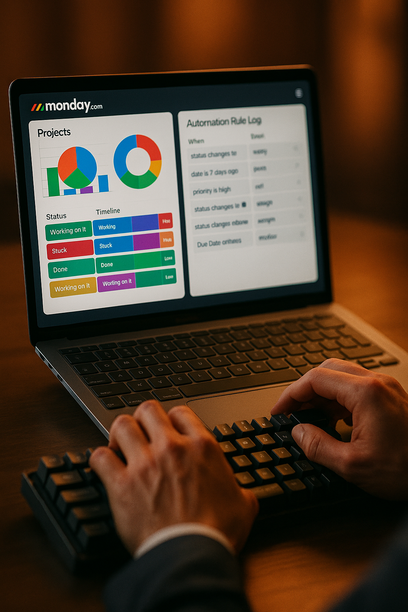 Diagram illustrating micro-automation tactics using keyboard hotkeys, macros, snippets, and Monday.com dashboards to track ROI and save time