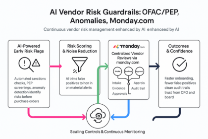 Dashboard showing AI-powered vendor risk detection integrating OFAC and PEP screening with Monday.com workflows