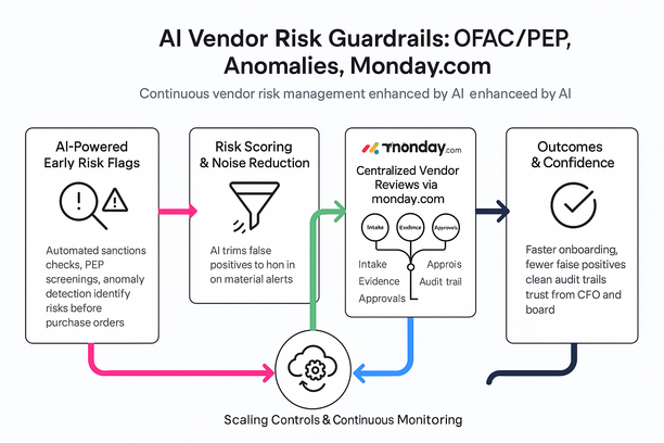 Dashboard showing AI-powered vendor risk detection integrating OFAC and PEP screening with Monday.com workflows