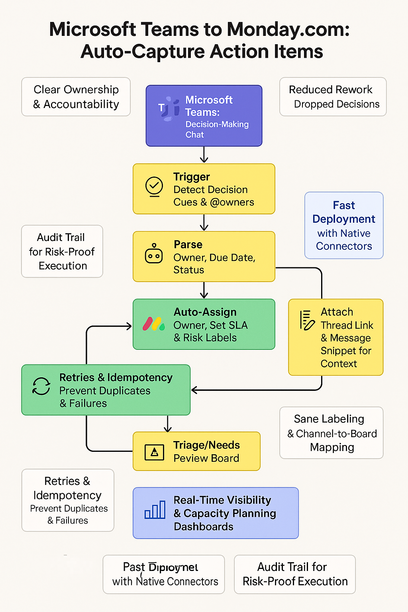 Workflow automation capturing action items from Microsoft Teams chats into Monday.com tasks for clear ownership