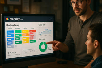 Dashboard view in Monday.com showing optimized batch sizes and stage gates to improve workflow efficiency and reduce bottlenecks
