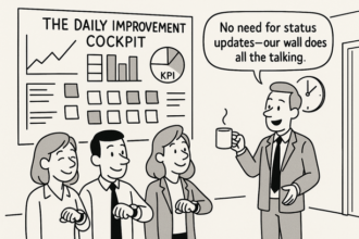 Team collaborating around a visual management wall displaying daily targets, KPIs, and workflows for continuous improvement