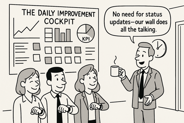 Team collaborating around a visual management wall displaying daily targets, KPIs, and workflows for continuous improvement