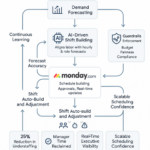 Dashboard showing AI-driven scheduling and automated demand-based shifts in Monday.com