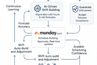 Dashboard showing AI-driven scheduling and automated demand-based shifts in Monday.com