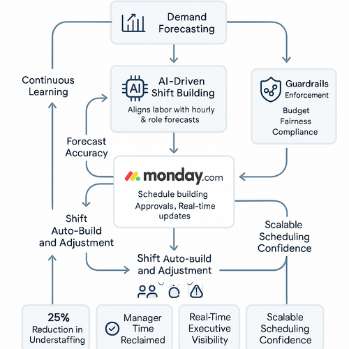 Dashboard showing AI-driven scheduling and automated demand-based shifts in Monday.com