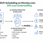 Dashboard showing AI-powered shift scheduling and demand forecasting in Monday.com reducing understaffing