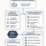 Dashboard showing AI-driven workforce scheduling and staffing optimization synced with Monday.com