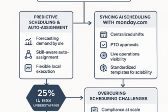 Dashboard showing AI-driven workforce scheduling and staffing optimization synced with Monday.com