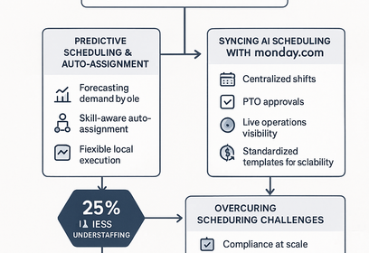Dashboard showing AI-driven workforce scheduling and staffing optimization synced with Monday.com