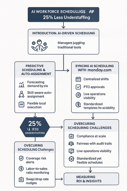 Dashboard showing AI-driven workforce scheduling and staffing optimization synced with Monday.com
