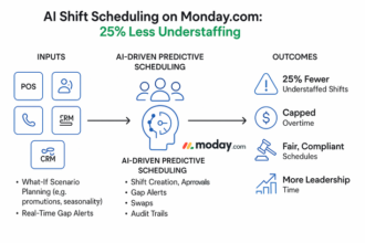 Dashboard showing AI-powered shift scheduling and demand forecasting in Monday.com reducing understaffing