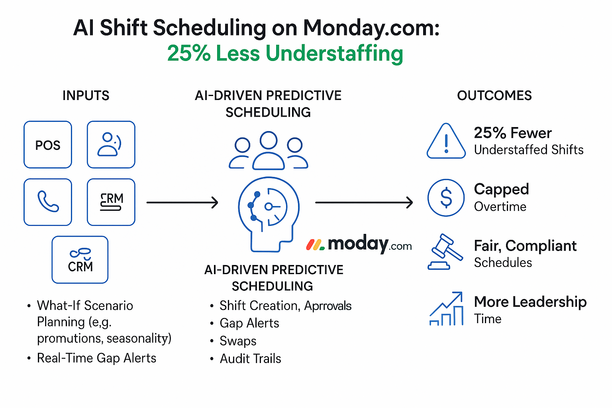 Dashboard showing AI-powered shift scheduling and demand forecasting in Monday.com reducing understaffing