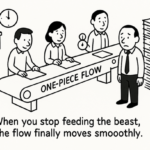 Diagram illustrating one-piece flow process improving lead time and throughput in workflow