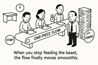 Diagram illustrating one-piece flow process improving lead time and throughput in workflow