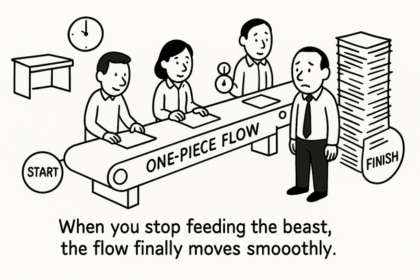 Diagram illustrating one-piece flow process improving lead time and throughput in workflow