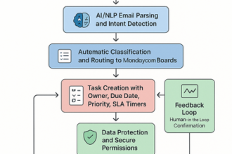 Dashboard view showing AI-driven email-to-task automation workflow in Monday.com enhancing inbox management