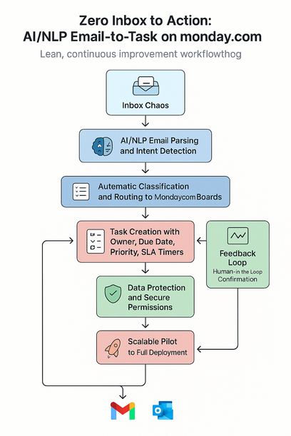 Dashboard view showing AI-driven email-to-task automation workflow in Monday.com enhancing inbox management