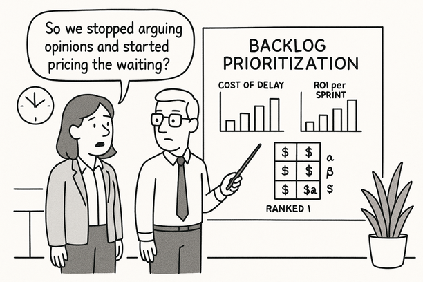 Visual representation of backlog prioritization using Cost of Delay and WSJF for improved ROI per sprint