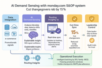 Dashboard of AI demand sensing insights integrated into Monday.com for S&OP to reduce changeovers and improve scheduling