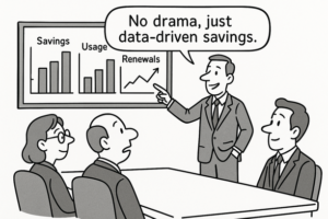 Executive dashboard showing vendor contract analytics, SLA tracking, and license utilization for vendor renegotiation