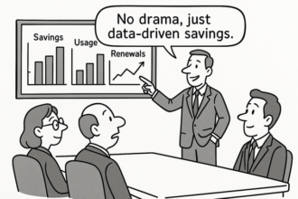 Executive dashboard showing vendor contract analytics, SLA tracking, and license utilization for vendor renegotiation