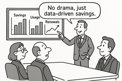 Executive dashboard showing vendor contract analytics, SLA tracking, and license utilization for vendor renegotiation