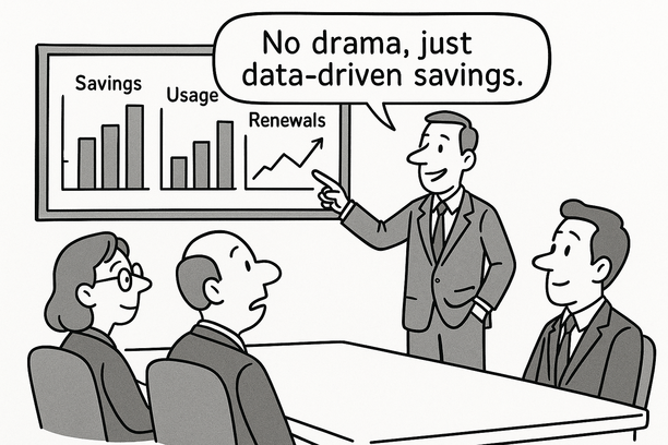 Executive dashboard showing vendor contract analytics, SLA tracking, and license utilization for vendor renegotiation