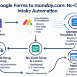 Workflow automation connecting Google Forms submissions to monday.com tasks for faster intake and error reduction