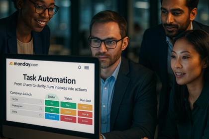 Dashboard showing automated email-to-task conversion workflow in Monday.com saving 5 hours per week