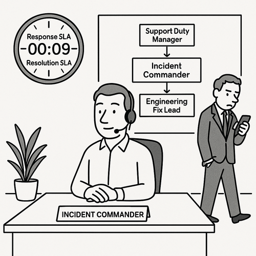 Diagram illustrating a SaaS escalation process with defined triggers, SLA timelines, and clear incident ownership