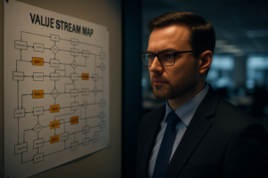 Value Stream Mapping diagram highlighting lead time and work in process metrics for workflow optimization