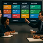 Kanban board illustrating policy governance workflow with backlog, WIP limits, owners, and SLAs in BPM operations