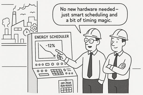 Graphical dashboard showing energy cost savings from smart off-peak run rules and automated scheduling