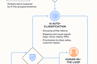 Dashboard showing AI-powered exception handling and automated remediation via Monday.com playbooks reducing MTTR