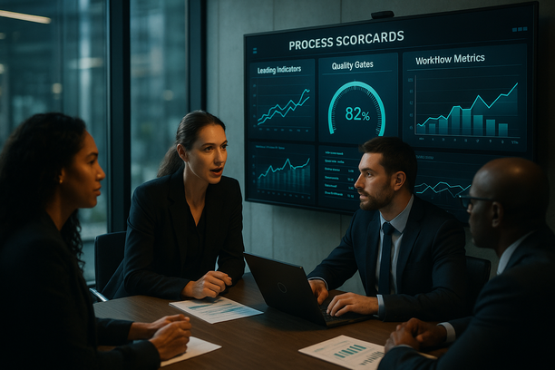 Process scorecard dashboard showing leading indicators and gates for proactive BPM risk management