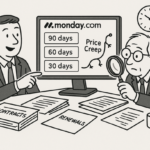 Dashboard showing Monday.com automation alerts for SaaS renewals with 90, 60, and 30-day reminders