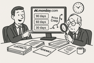 Dashboard showing Monday.com automation alerts for SaaS renewals with 90, 60, and 30-day reminders