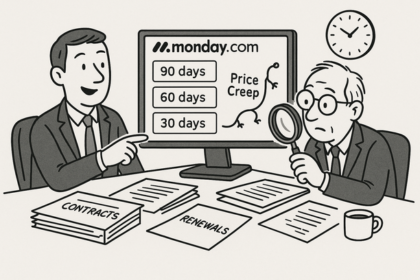 Dashboard showing Monday.com automation alerts for SaaS renewals with 90, 60, and 30-day reminders