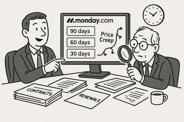 Dashboard showing Monday.com automation alerts for SaaS renewals with 90, 60, and 30-day reminders