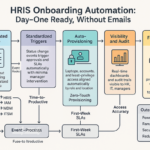 Automated HRIS onboarding workflow showing integrated device provisioning and access management